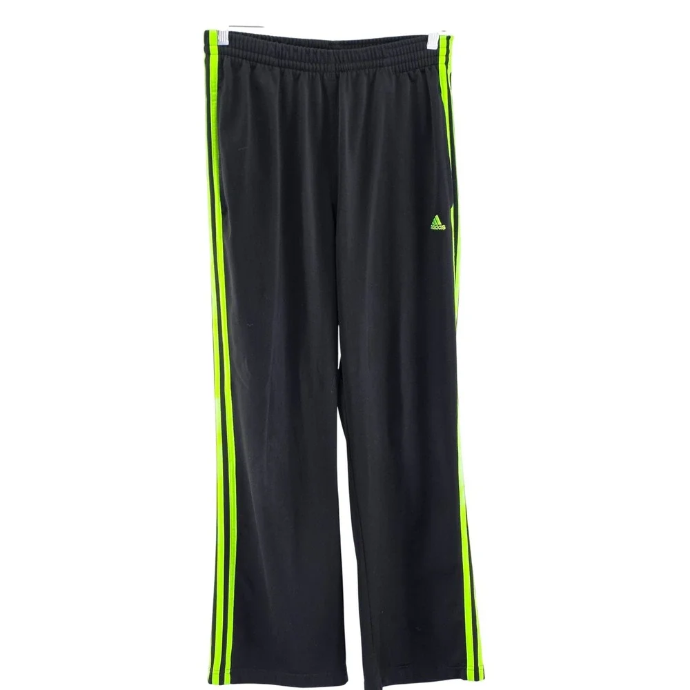 Adidas Track Pants Mens M Black Neon Green Striped Tricot Athletic 6192